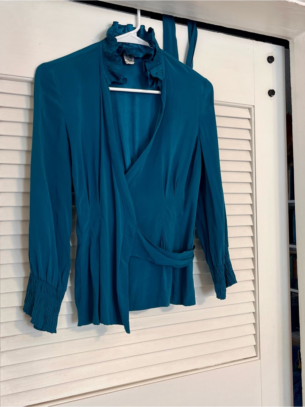 Diane von Furstenburg Graciela Emerald Teal Silk Wrap Top with Ruffled Neckline